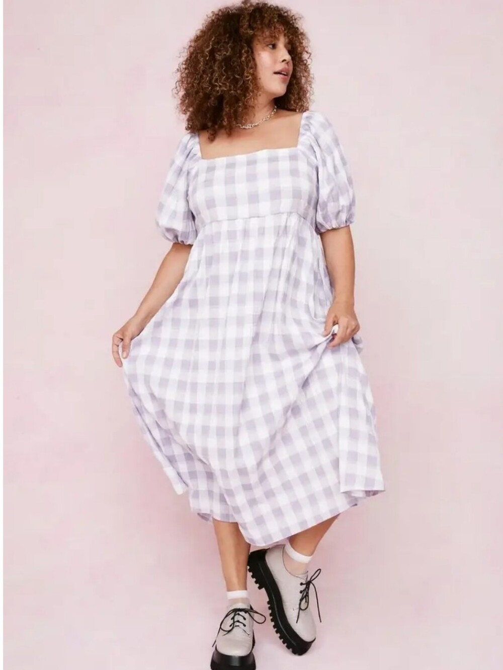 Square Neck Puff Sleeve Gingham Midi Dress in Lavender
